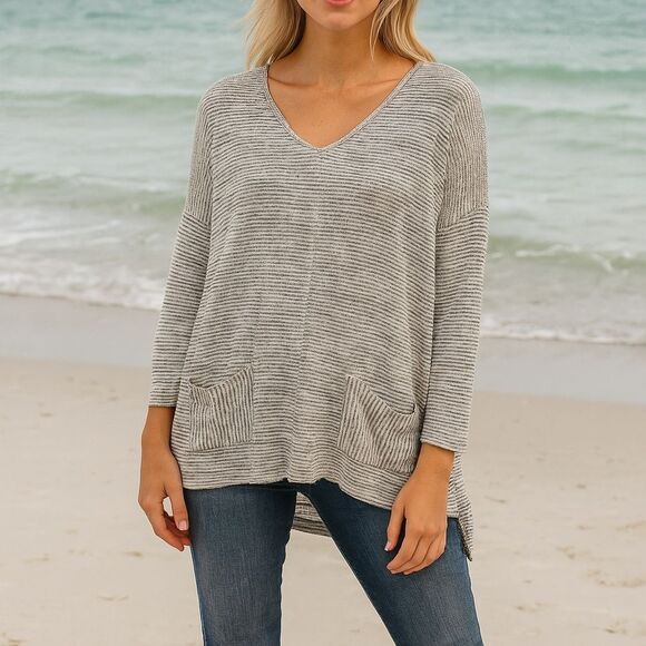 Sperry Nautical Vneck 3/4 Dolman L Striped Pocket Tee Shirt Blue White Fisherman - Picture 1 of 7